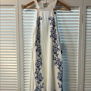 Lulu's White Halter Maxi Dress with Navy Floral Embroidery